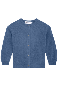 Blue cardigan with button details on a white background
