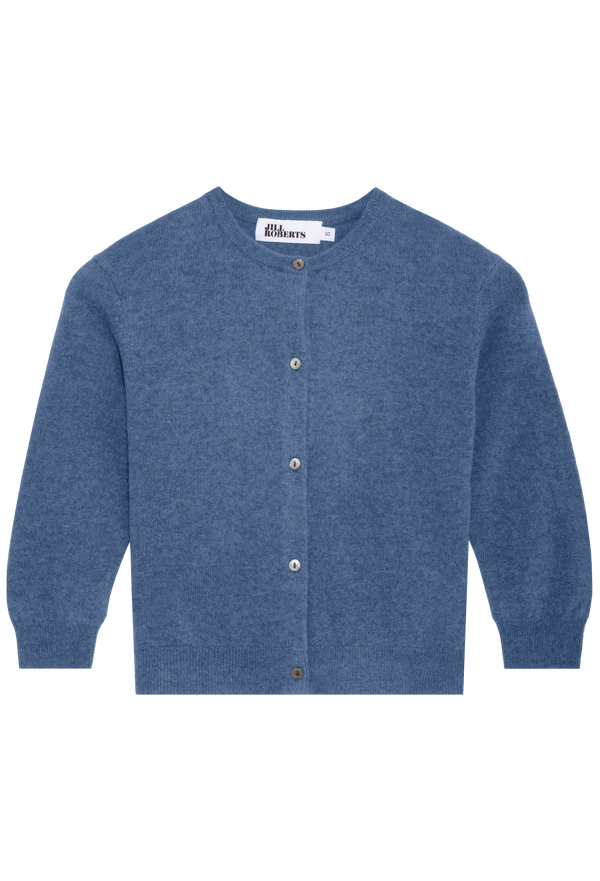 Blue cardigan with button details on a white background
