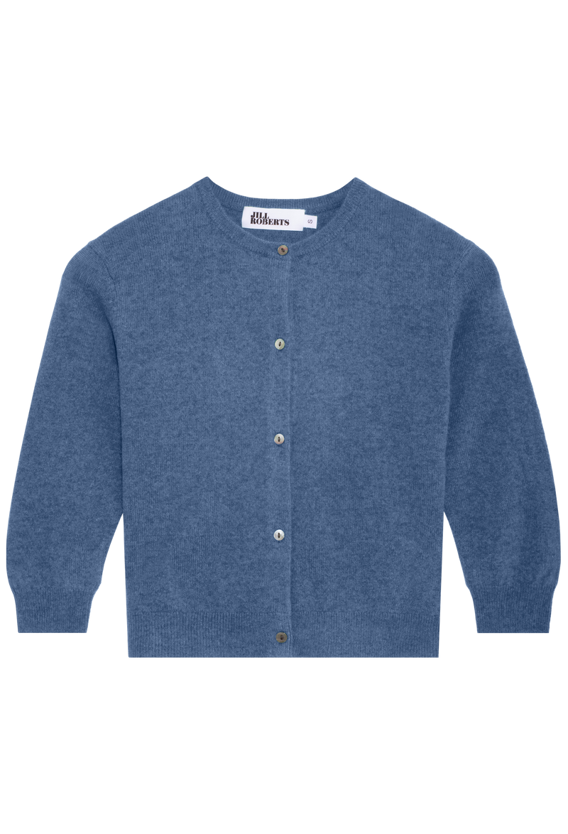 Blue cardigan with button details on a white background
