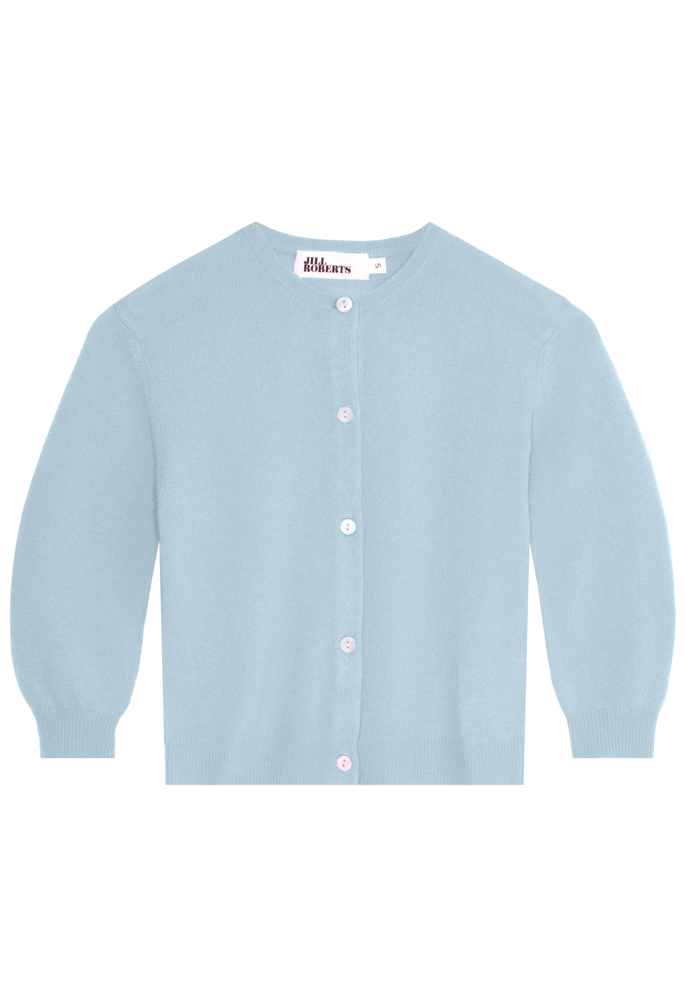 Light blue cardigan with button details on a white background