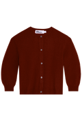 Brown cardigan with button details on a white background