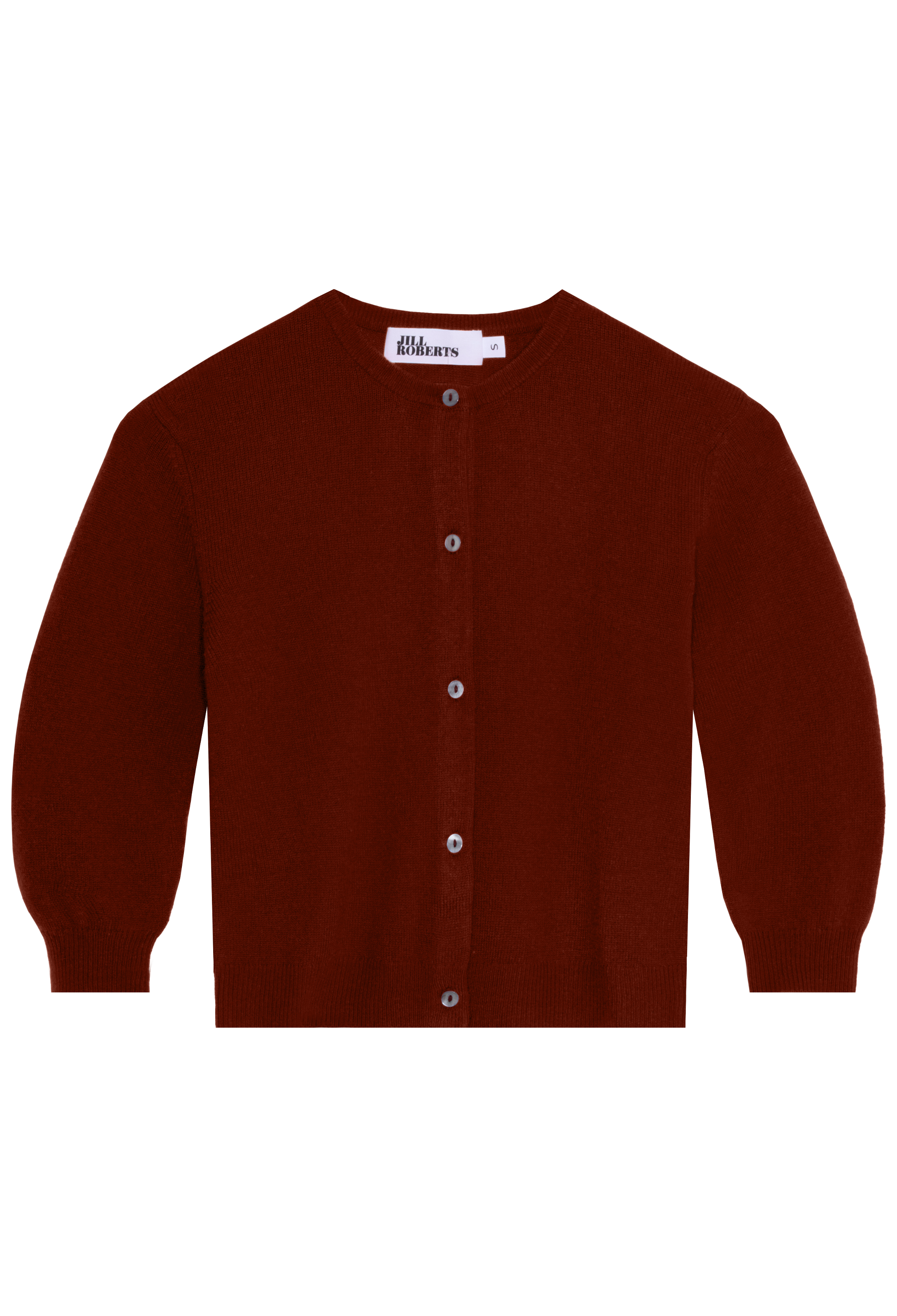 Brown cardigan with button details on a white background