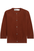 A rust-brown knit cardigan sweater with a round neckline, front button closure, and ribbed cuffs and hem, shown flat on a white background.