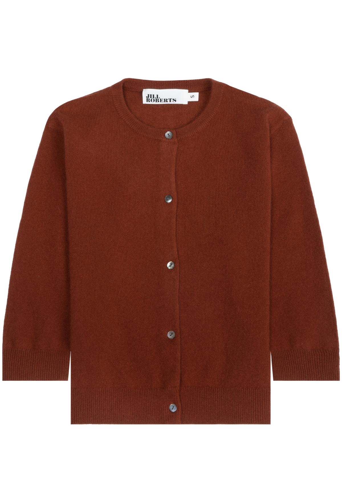 A rust-brown knit cardigan sweater with a round neckline, front button closure, and ribbed cuffs and hem, shown flat on a white background.