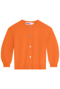 Orange cardigan with a brand label on a white background