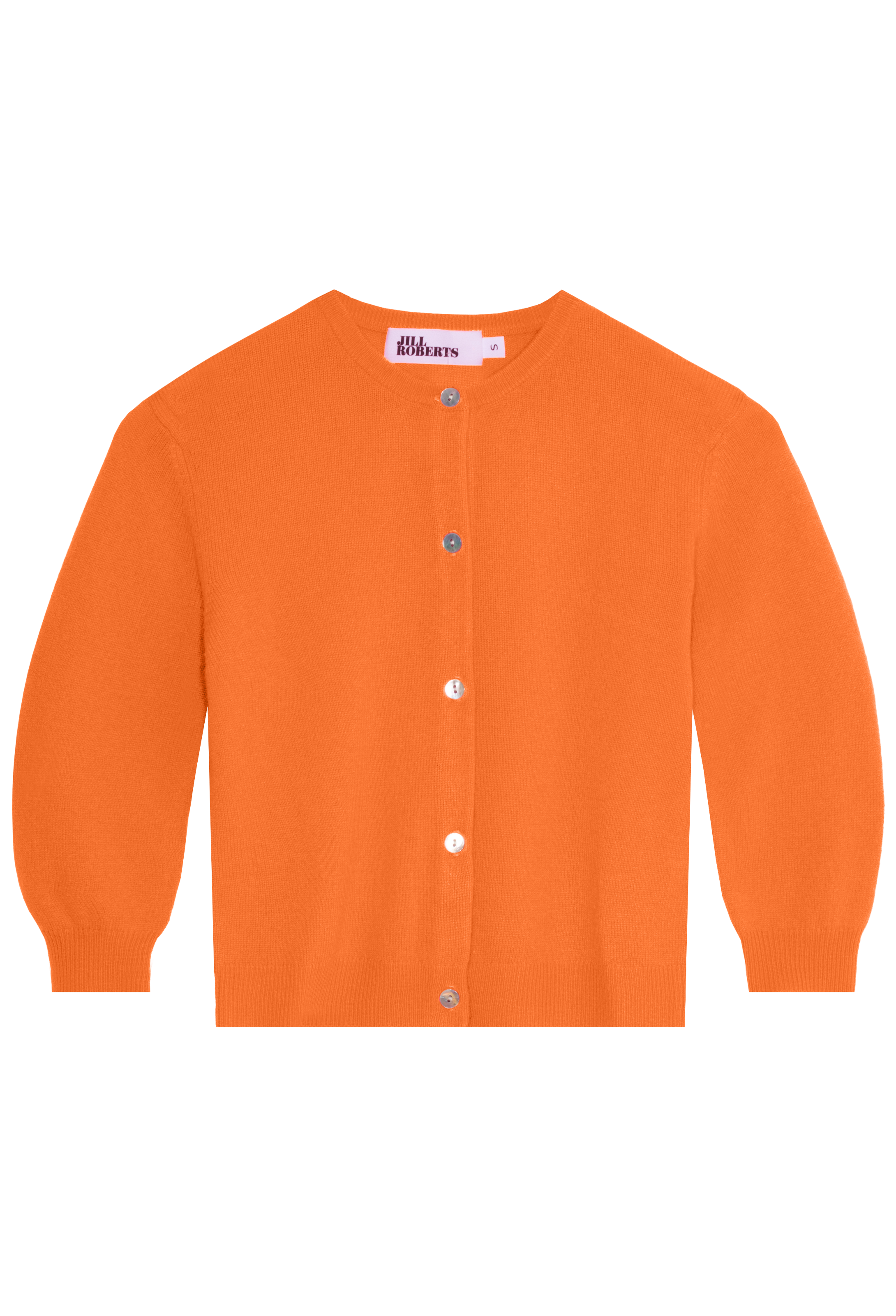 Orange cardigan with a brand label on a white background