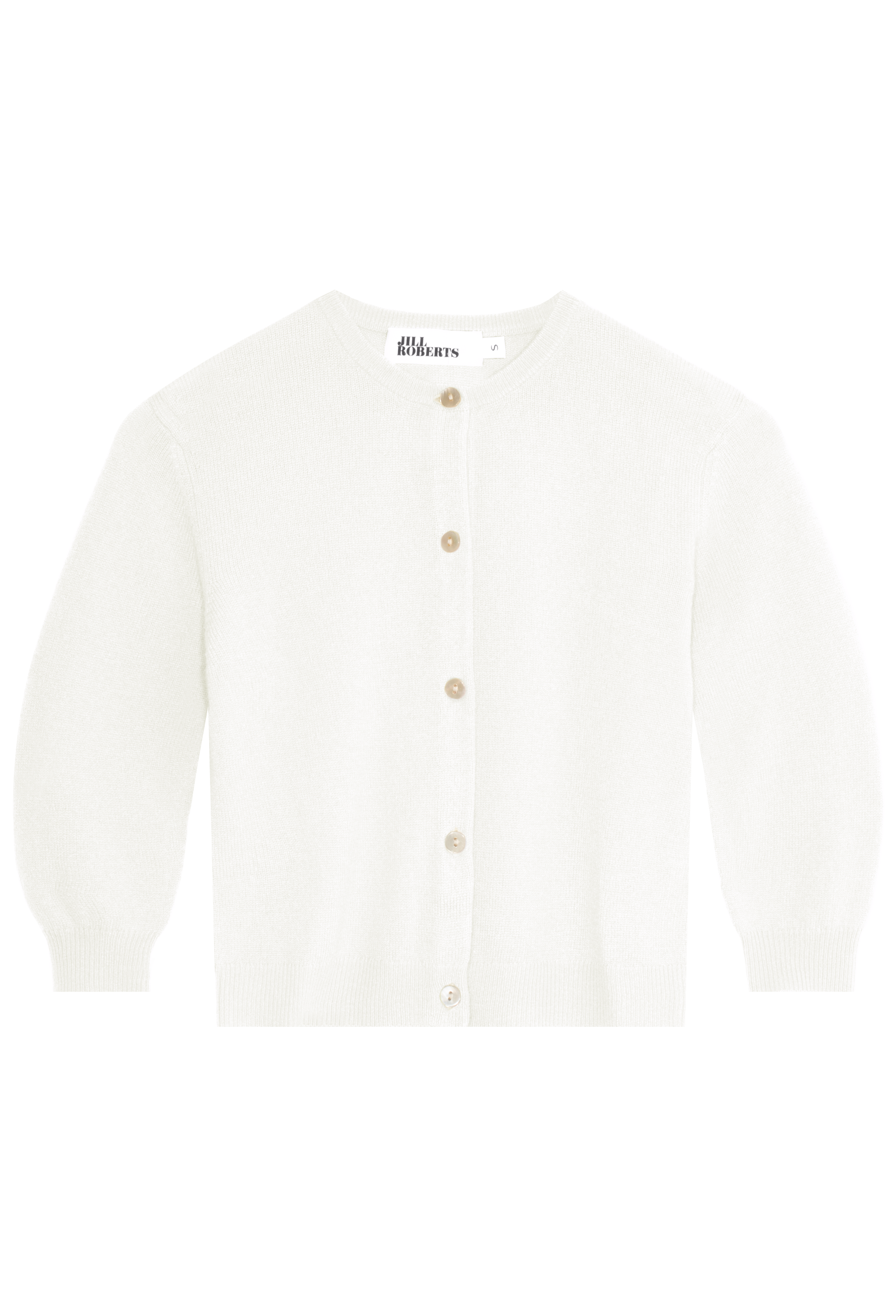 White cardigan with button details on a white background