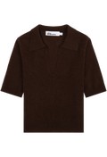A dark brown short-sleeve knit polo shirt with a wide collar, displayed flat against a solid white background.