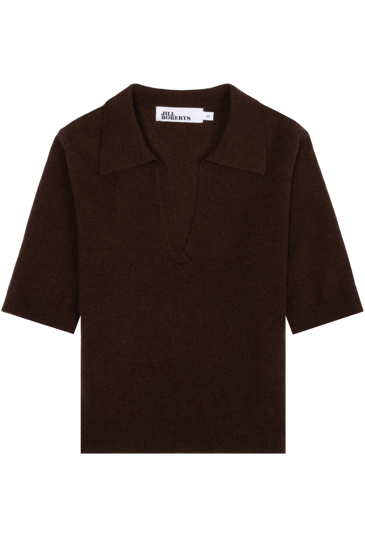 A dark brown short-sleeve knit polo shirt with a wide collar, displayed flat against a solid white background.