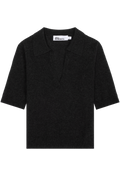 A black short-sleeve knit polo shirt with a folded collar and a split V-neck, shown flat against a white background. 