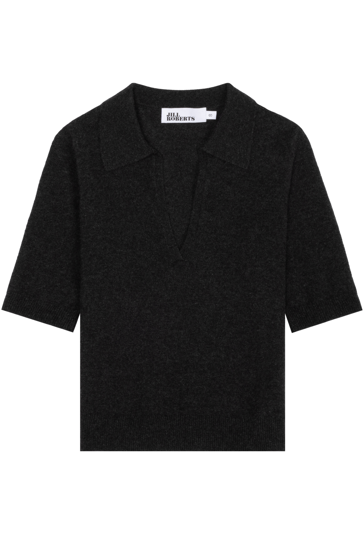 A black short-sleeve knit polo shirt with a folded collar and a split V-neck, shown flat against a white background. 