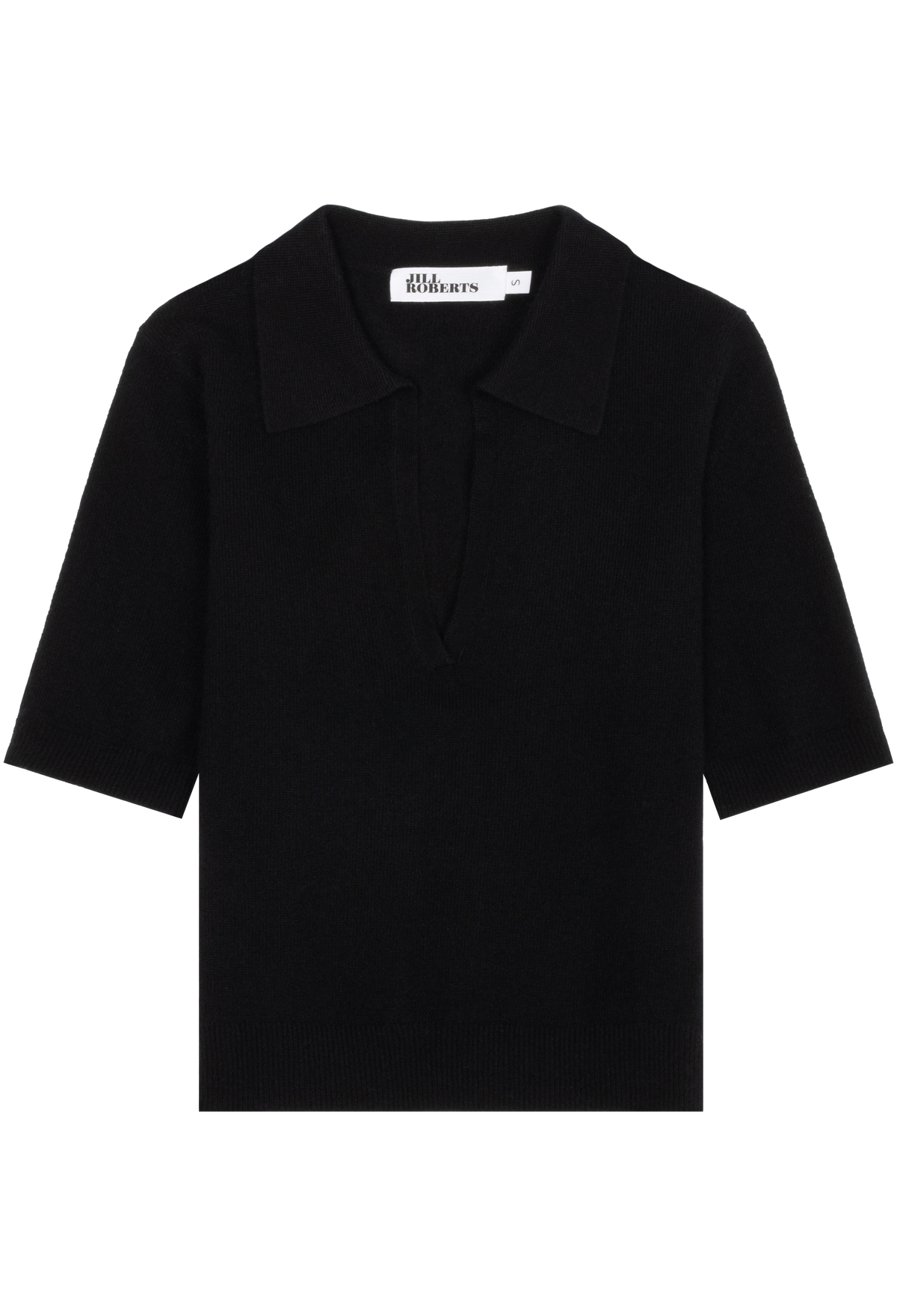 A black short-sleeve knit polo shirt with a collar and a partial button placket, shown flat against a white background. 