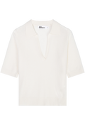 An off-white knit polo shirt with a split V-neckline and short sleeves, displayed flat against a solid white background.