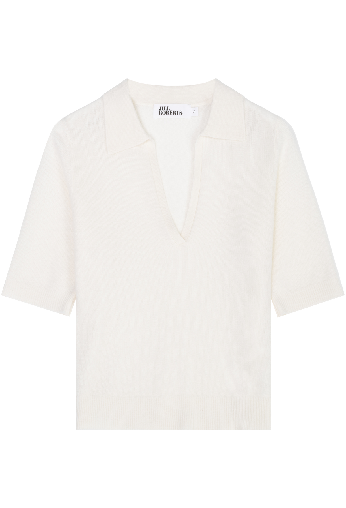 An off-white knit polo shirt with a split V-neckline and short sleeves, displayed flat against a solid white background.