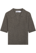 A short-sleeve knit polo shirt in a heathered dark brown color, featuring a collar and a split neckline, shown flat against a white background.