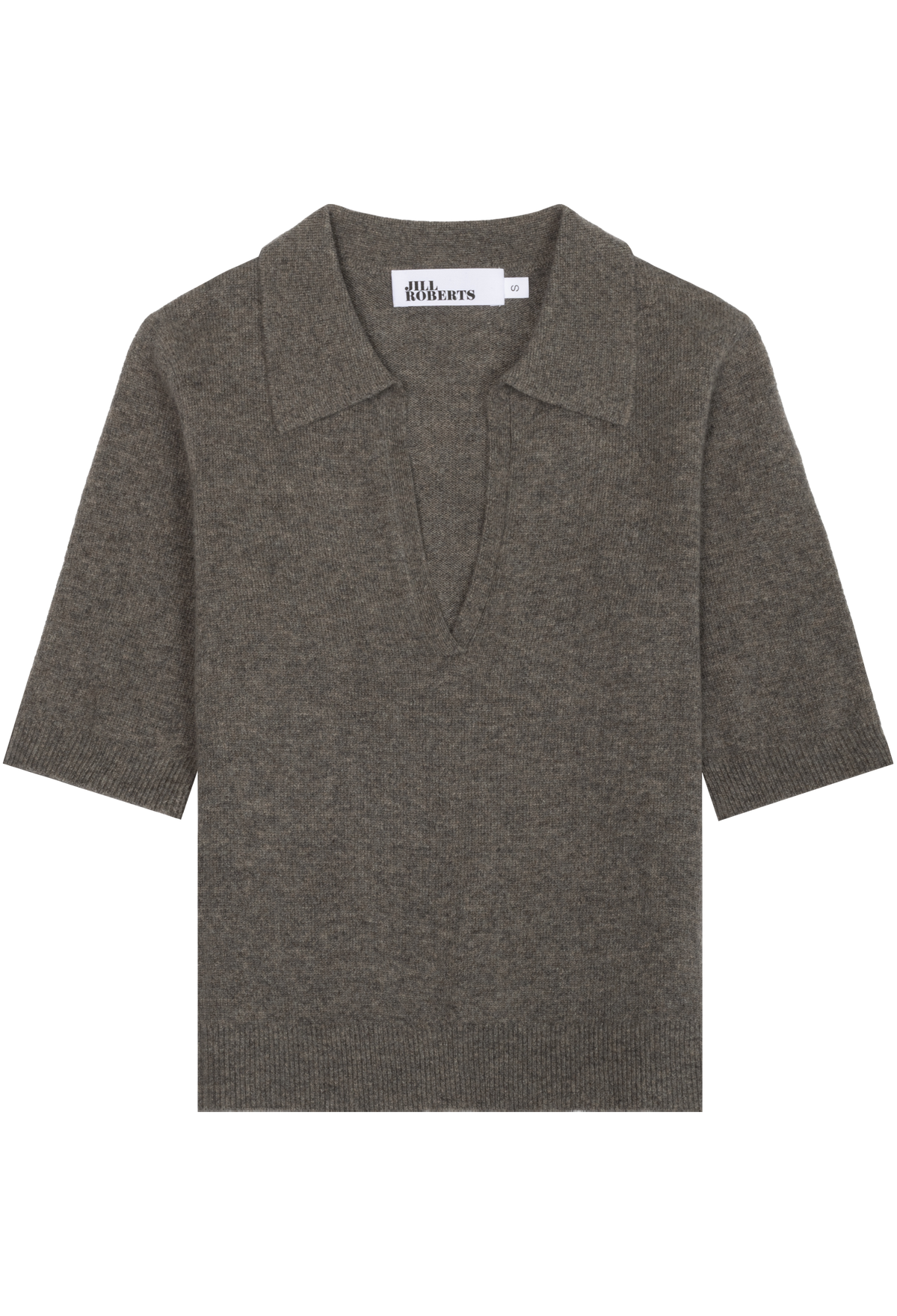 A short-sleeve knit polo shirt in a heathered dark brown color, featuring a collar and a split neckline, shown flat against a white background.