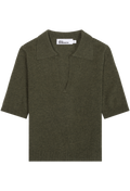 An olive green knit polo shirt with a collar and short sleeves, displayed flat against a solid white background.