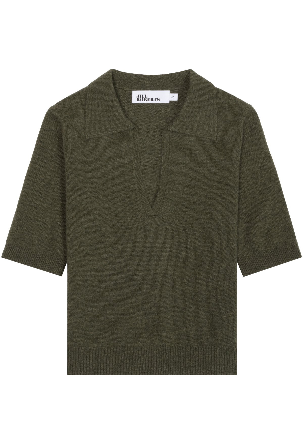 An olive green knit polo shirt with a collar and short sleeves, displayed flat against a solid white background.