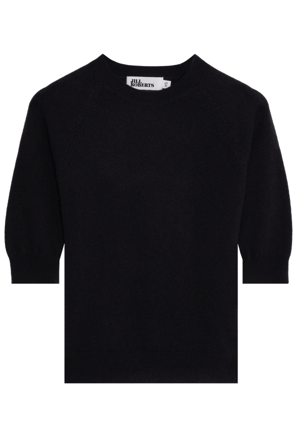 Black elbow sleeve cashmere raglan sweater on a transparent background