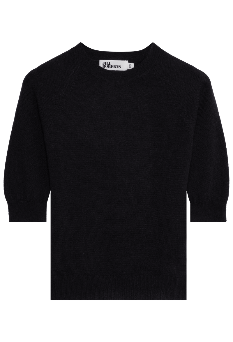 Black elbow sleeve cashmere raglan sweater on a transparent background