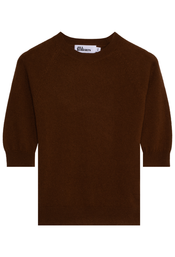 dark brown elbow sleeve cashmere raglan sweater on a transparent background