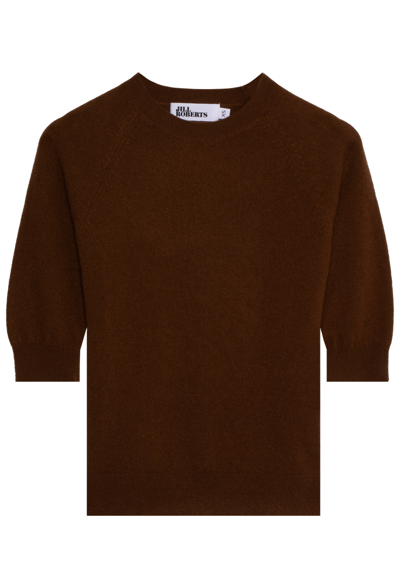 dark brown elbow sleeve cashmere raglan sweater on a transparent background