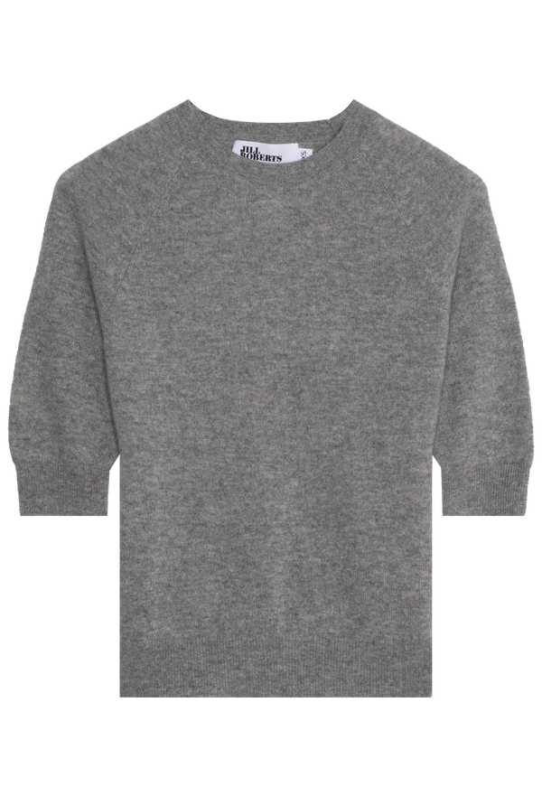 heather grey elbow sleeve cashmere raglan sweater on a transparent background