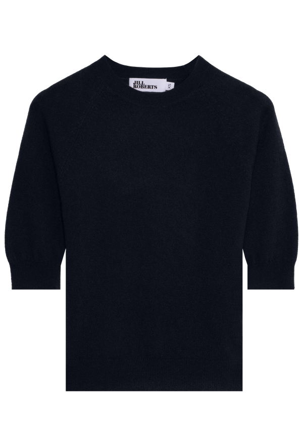 navy elbow sleeve cashmere raglan sweater on a transparent background