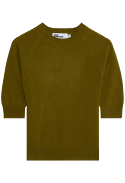dark muddy green elbow sleeve cashmere raglan sweater on a transparent background
