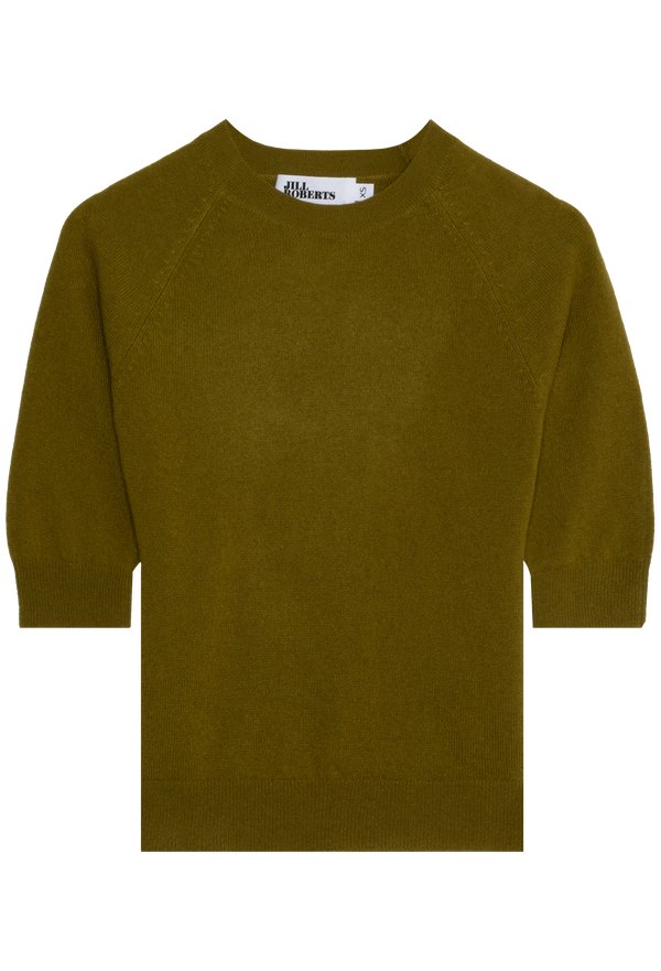 dark muddy green elbow sleeve cashmere raglan sweater on a transparent background