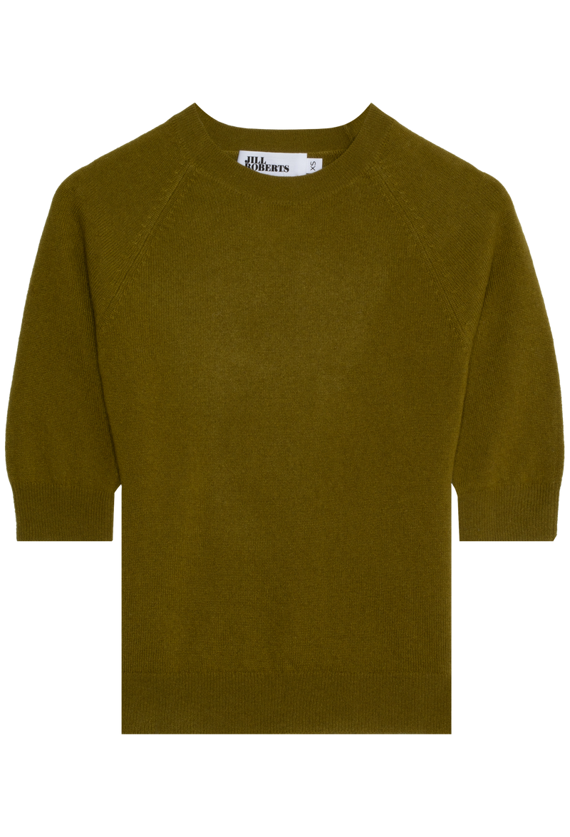 dark muddy green elbow sleeve cashmere raglan sweater on a transparent background
