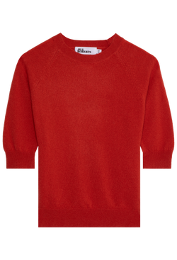 bright red elbow sleeve cashmere raglan sweater on a transparent background