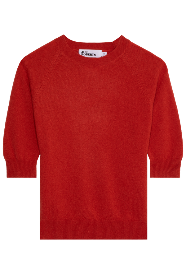 bright red elbow sleeve cashmere raglan sweater on a transparent background