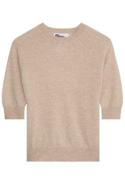 heathered beige elbow sleeve cashmere raglan sweater on a transparent background