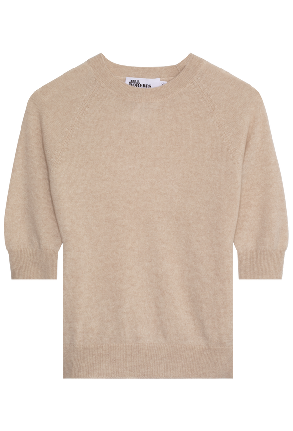 heathered beige elbow sleeve cashmere raglan sweater on a transparent background