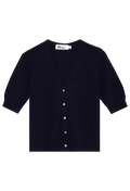 navy cardigan with button details on a white background