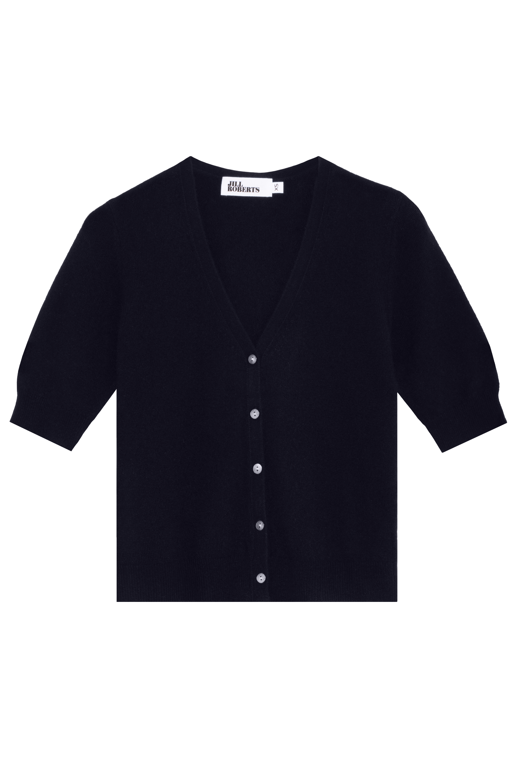 navy cardigan with button details on a white background