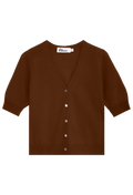 Brown cardigan with button details on a white background
