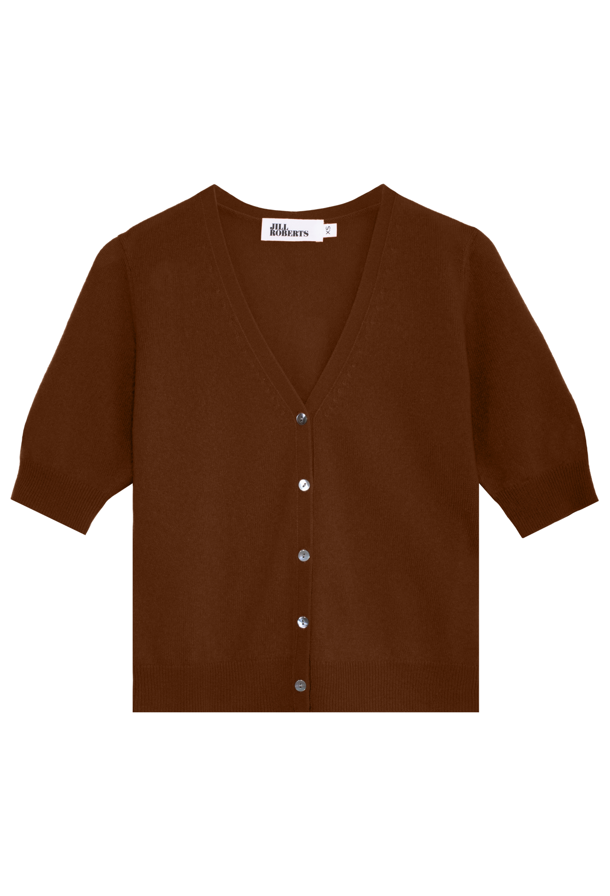 Brown cardigan with button details on a white background