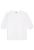 White v-neck cardigan against a white background