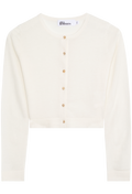 White cardigan with gold buttons on a white background