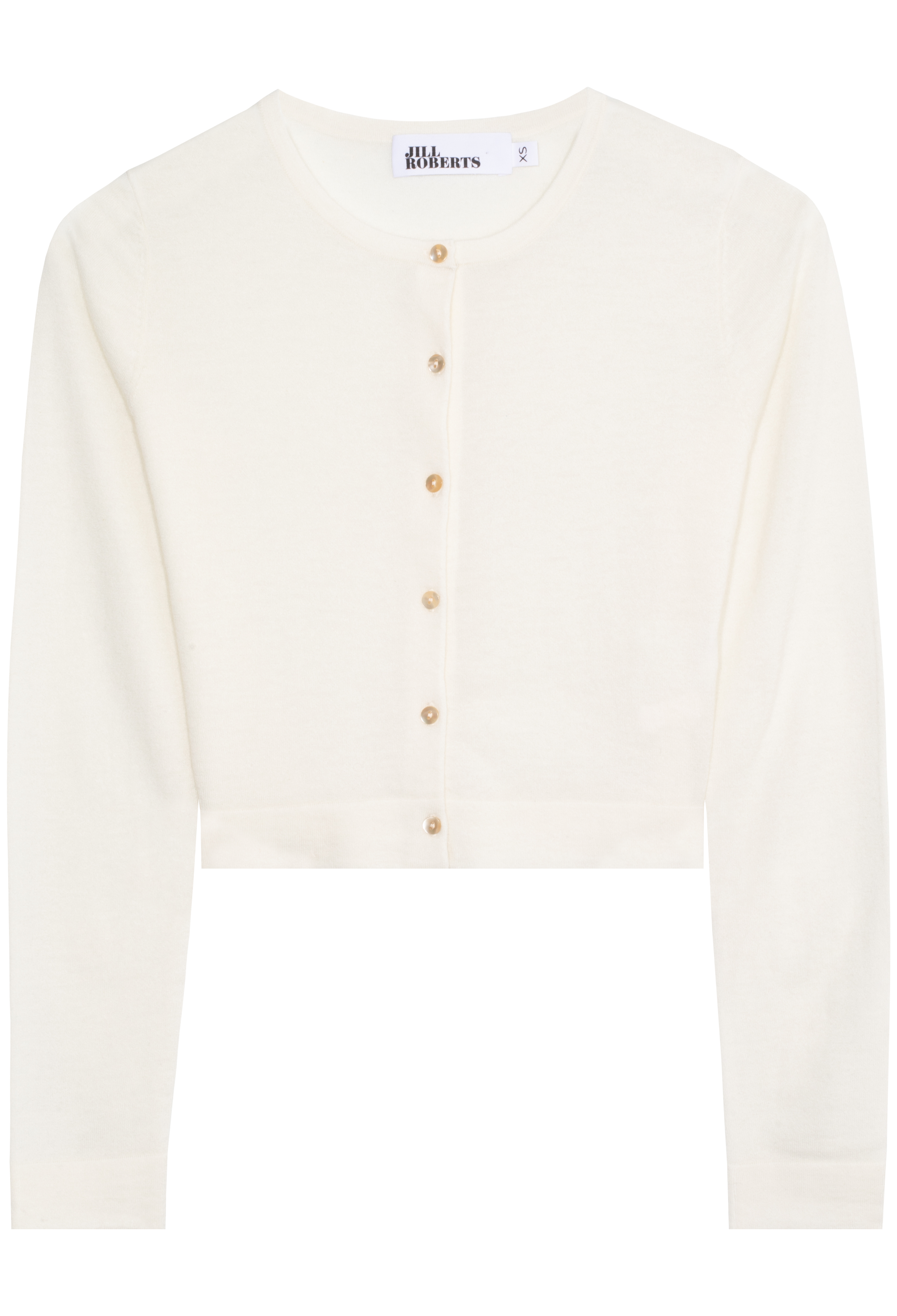 White cardigan with gold buttons on a white background