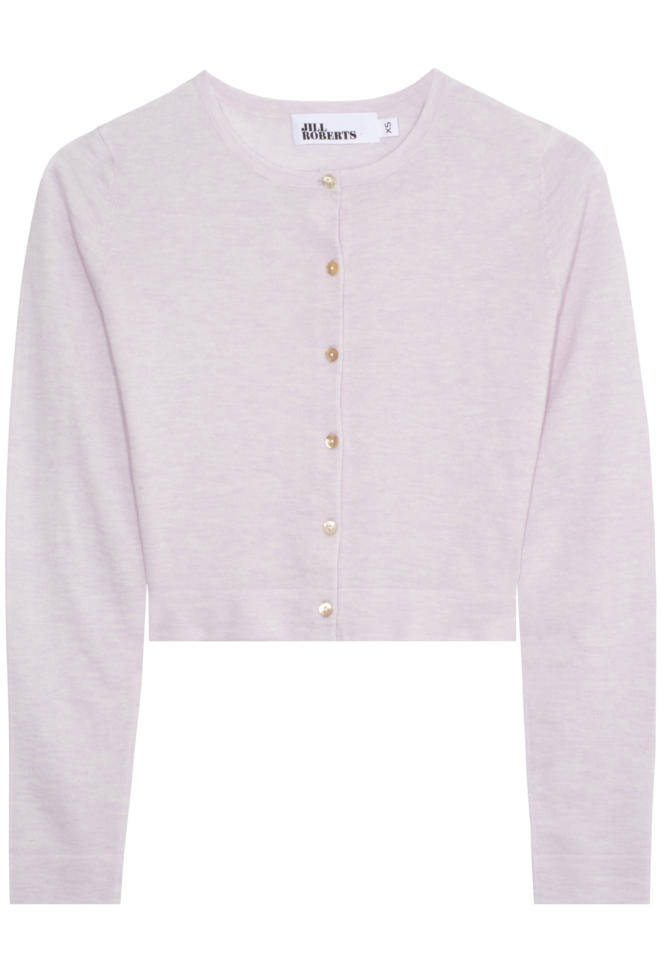 Light purple cardigan with button details on a white background