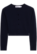 blue cardigan with button details on a white background