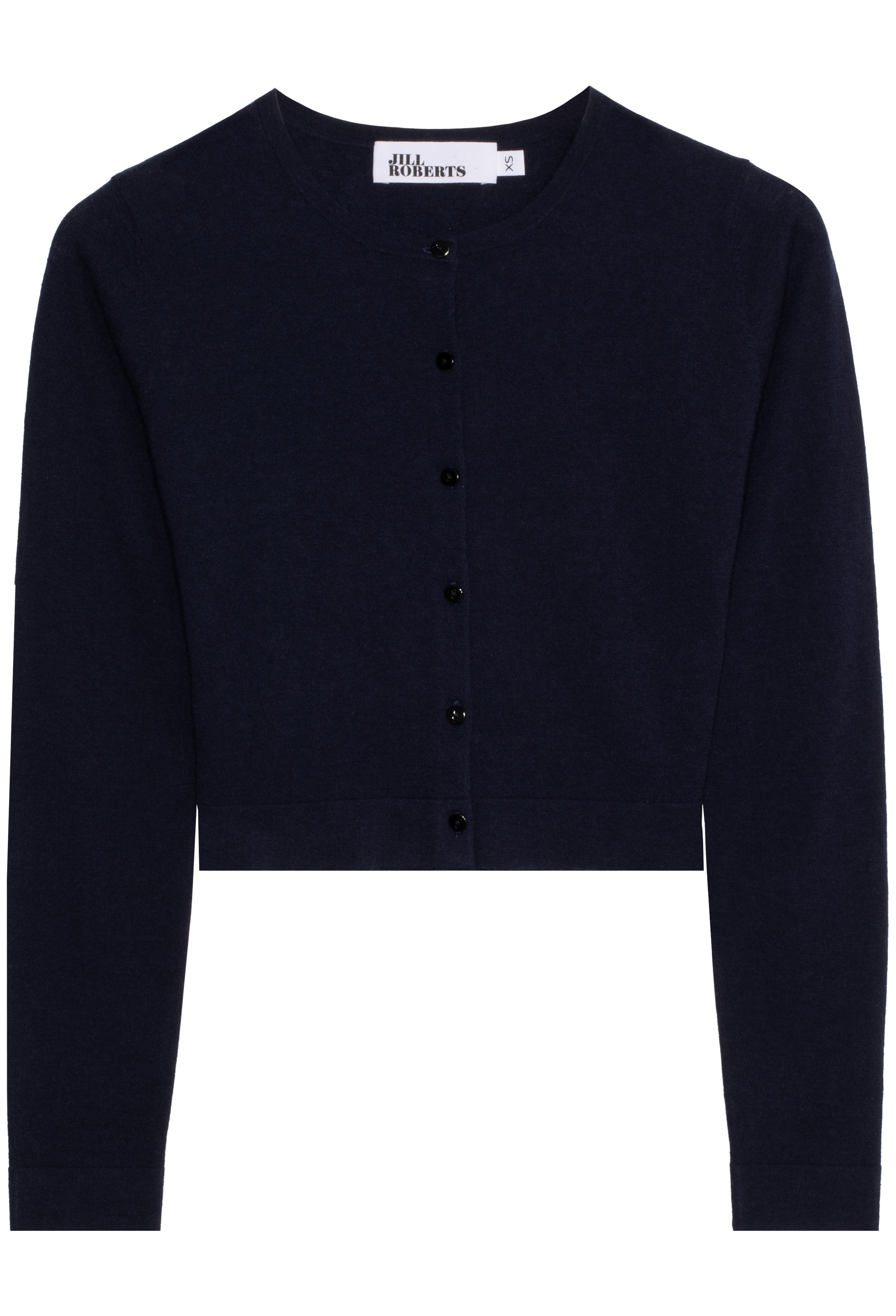 blue cardigan with button details on a white background