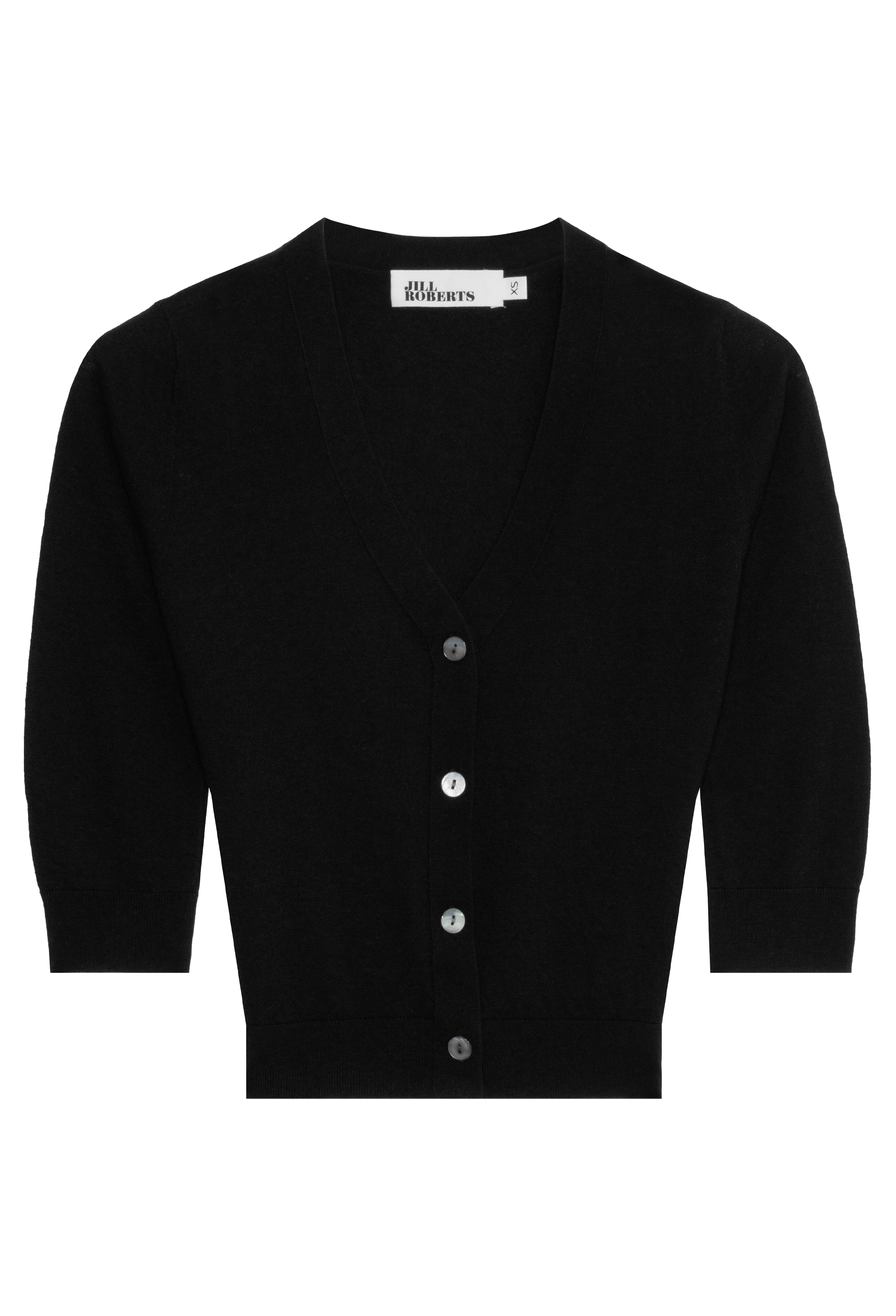 Black cardigan with buttons on a white background