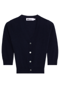 navy cardigan with buttons on a white background