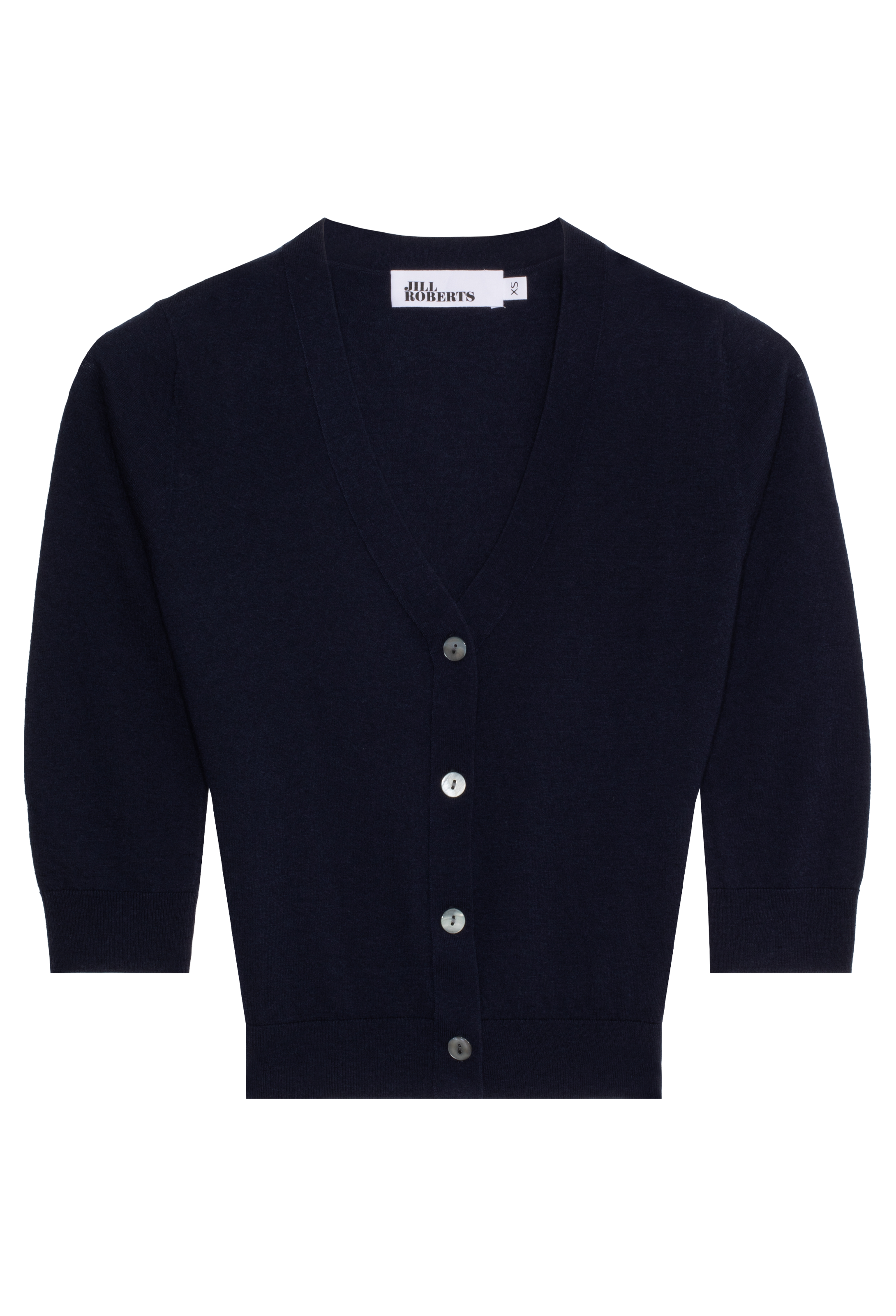 navy cardigan with buttons on a white background