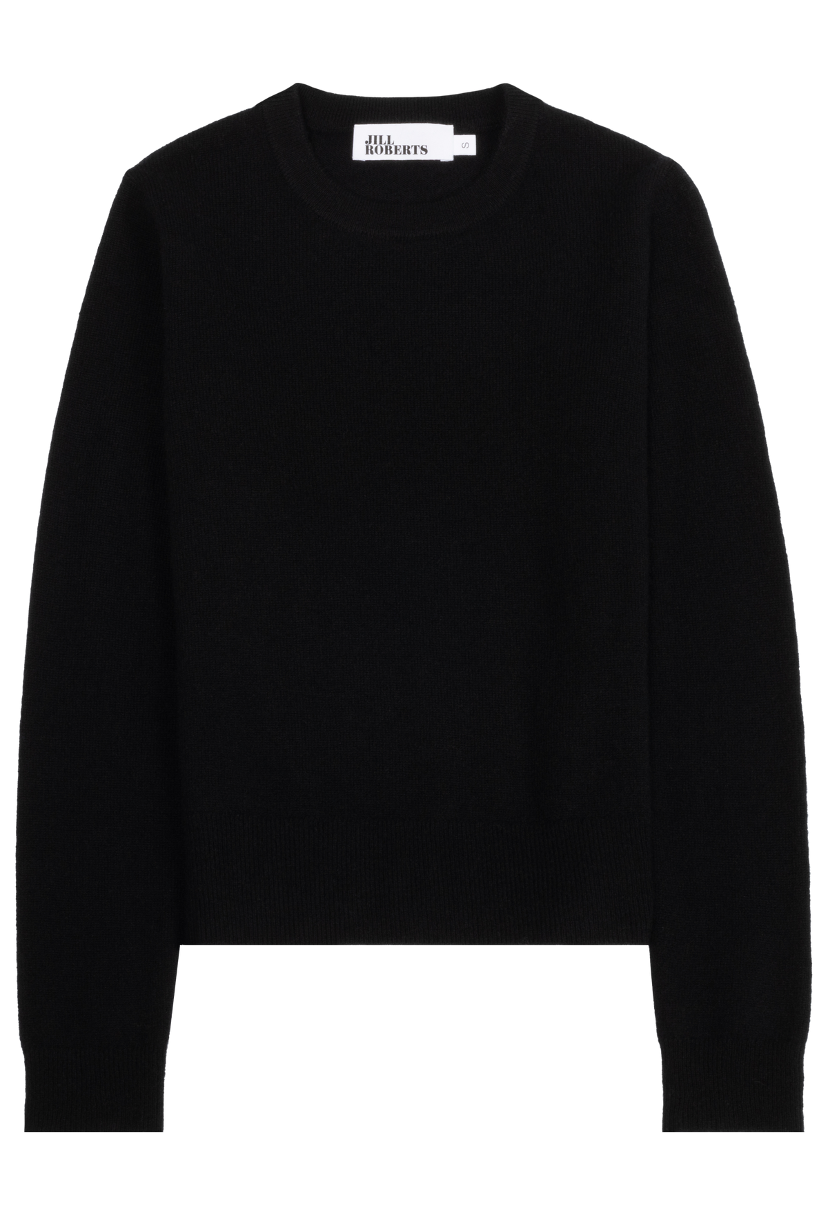 A black long-sleeve crewneck sweater shown flat against a solid white background.