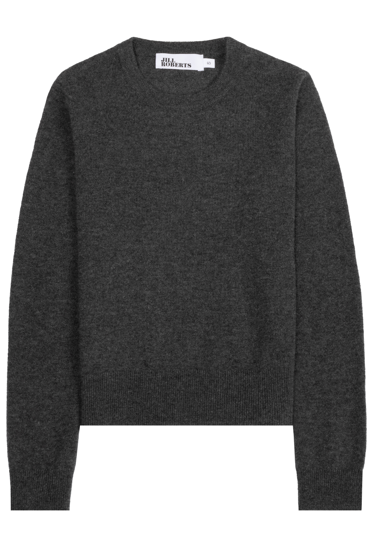 A dark charcoal gray knit crewneck sweater shown flat against a plain white background.